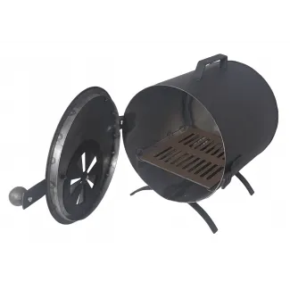 Eldstad, rökkamin, kamin för rökskåp, med handtag, bärbart, cylindriskt, metall